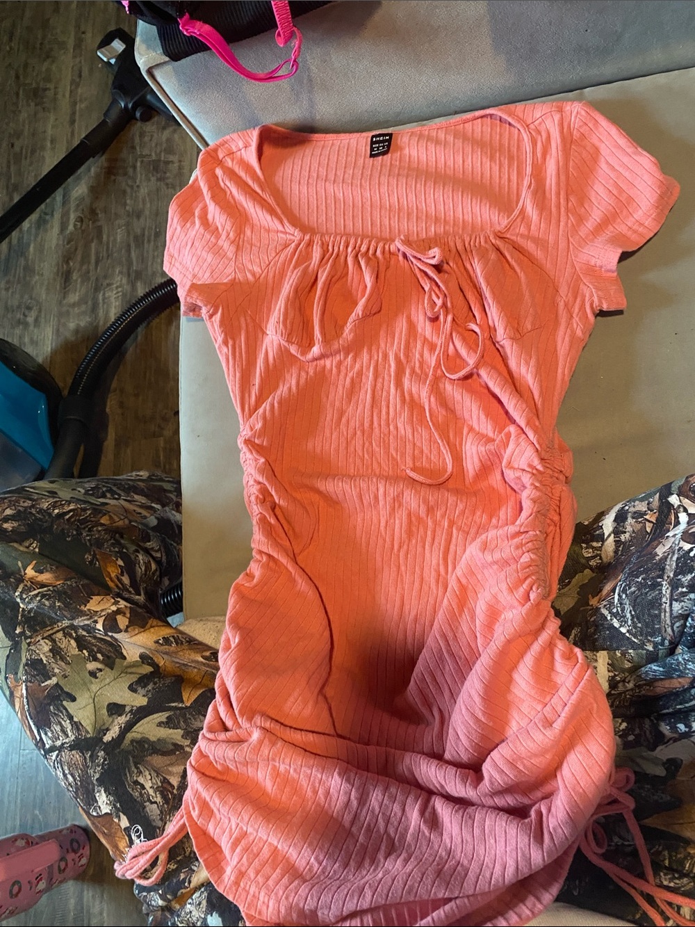Ribbed Drawstring Bodycon Dress - Coral Pink